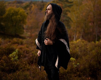 Cape de druide à capuchon. | Cape viking noire ou verte, cape viking, poncho, veste cache-cœur en coton, cape païenne, vêtements vikings, broderie celtique