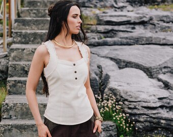 DÉBARDEUR FOLK | Haut viking pour fille, fée, haut d'été, païen, mori-kei, corset, celtique, chemise vintage, 100 % coton, naturel, blanc cassé