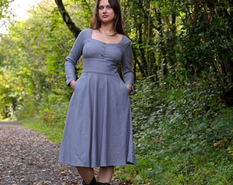 Blue Grey Corset Dress: Cotton Renaissance Cottagecore Midi Dress