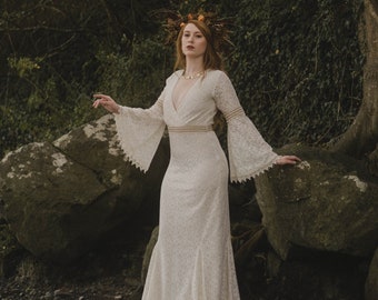 FOLK WEDDING DRESS | Sleeved Wedding Dress, Celtic Wedding Dress, Woodland Wedding Dress, Custom Made, Pagan, Hand-fasting, Celtic Fusion.