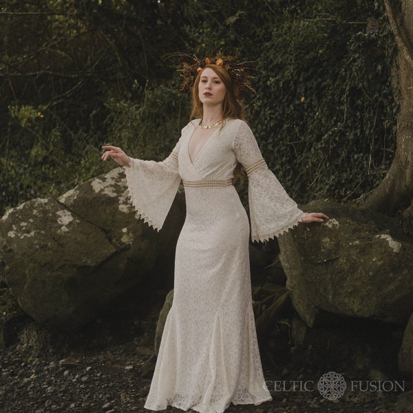 FOLK WEDDING DRESS | Sleeved Wedding Dress, Celtic Wedding Dress, Woodland Wedding Dress, Custom Made, Pagan, Hand-fasting, Celtic Fusion.