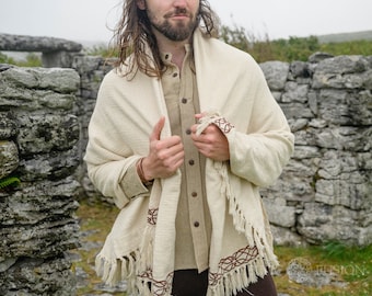 Celtic Knotwork Embroidered Cotton Shawl | Fringe Scarf Wrap