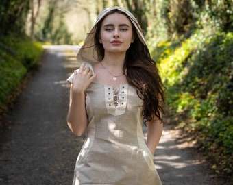 HOODED FOLK DRESS | Beige Celtic Dress, Pagan Dress, Eco-Chic, Boho, Natural Dress, Modern Pagan, Corset Dress, Viking Dress, Cotton Flax.