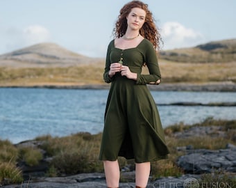 Dark Green Folklore Dress with Sleeves, Romantic Lace Up Back Midi Dress