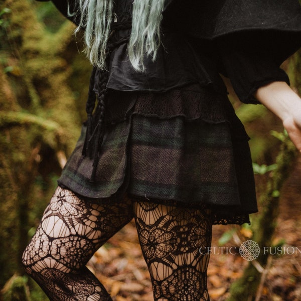 JUPE GOTH BONNY | Jupe portefeuille en dentelle tartan, laine tweed, jupe folklorique, jupe Mori Kei, kilt pour femme, portefeuille court, steampunk, jupe rustique, kilt.