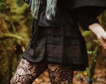 BONNY GOTH SKIRT | Tartan Lacey Wrap Skirt, Tweed Wool, Folk Skirt, Mori Kei Skirt, Woman's Kilt, Short Wrap, Steampunk, Rustic Skirt, Kilt.