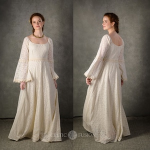 BÉBHINN LACE BOHO Wedding Dress | Celtic wedding dress, off-the-shoulder wedding gown, bell sleeve wedding dress, sustainable wedding dress