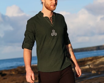 GREEN TRISKELLE SHIRT | Celtic Shirt, Viking Tunic, Irish Men's Shirts, Irish Clothing for Men, Tunic Celtic Shirt, Celtic Green Shirt.