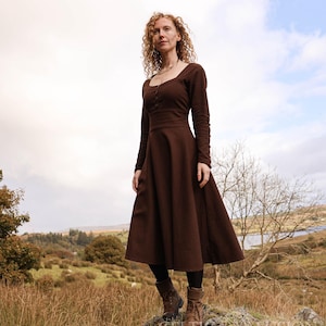 BROWN CORSET DRESS | Corset Dress with Sleeves, Autumn Dress, Brown Long Sleeve Dress, Medieval Style Dress | Celtic Fusion
