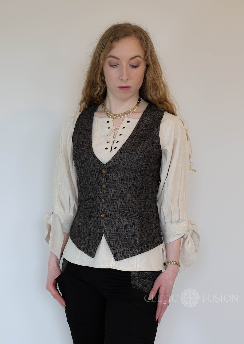 Womans vest, black vest, womans tweed vest, irish tweed vest, celtic vest, irish designer clothing, womans waistcoat