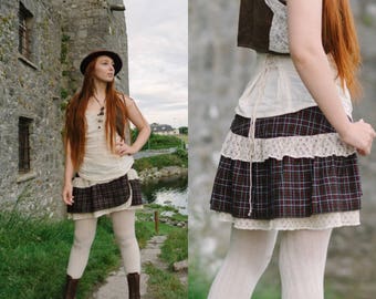 TARTY TARTAN SKIRT | Lacey Wrap Tweed Wool Skirt, Folk Skirt, Mori Kei Skirt, Woman's Kilt, Short Wrap, Steampunk, Kilt, Celtic Fusion