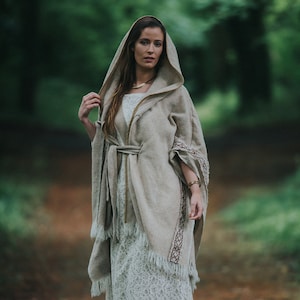 LIGHT WARRIOR CAPE Cream Wool Cape, Unisex Wool Cloak with Celtic Embroidery, Ruana Poncho, Viking Cloak, Hippie Poncho, Druid Cape Design image 8