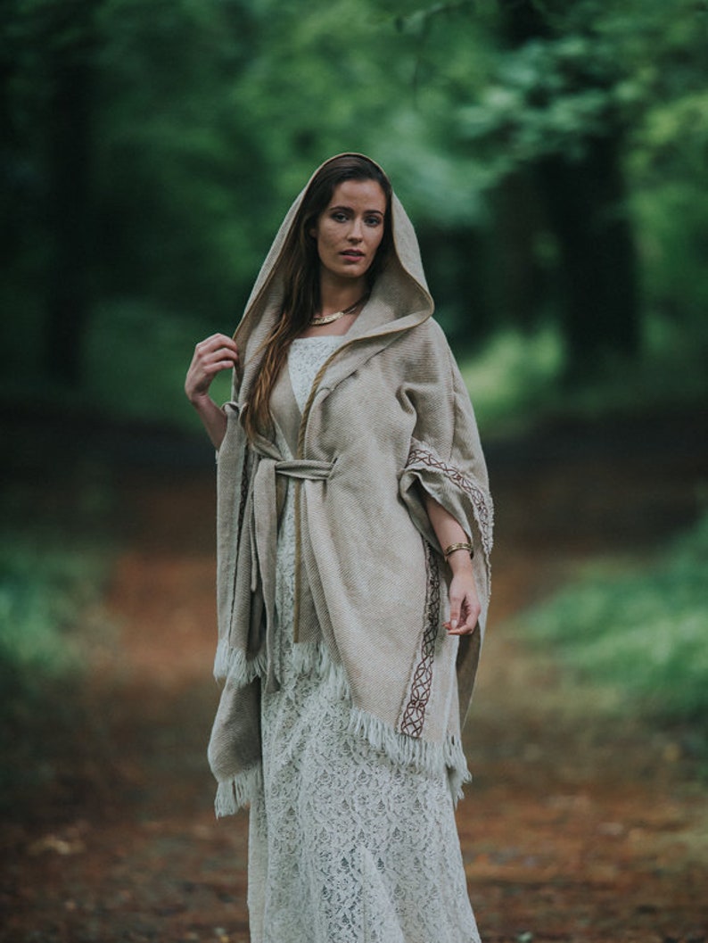 LIGHT WARRIOR CAPE Cream Wool Cape, Unisex Wool Cloak with Celtic Embroidery, Ruana Poncho, Viking Cloak, Hippie Poncho, Druid Cape Design image 8