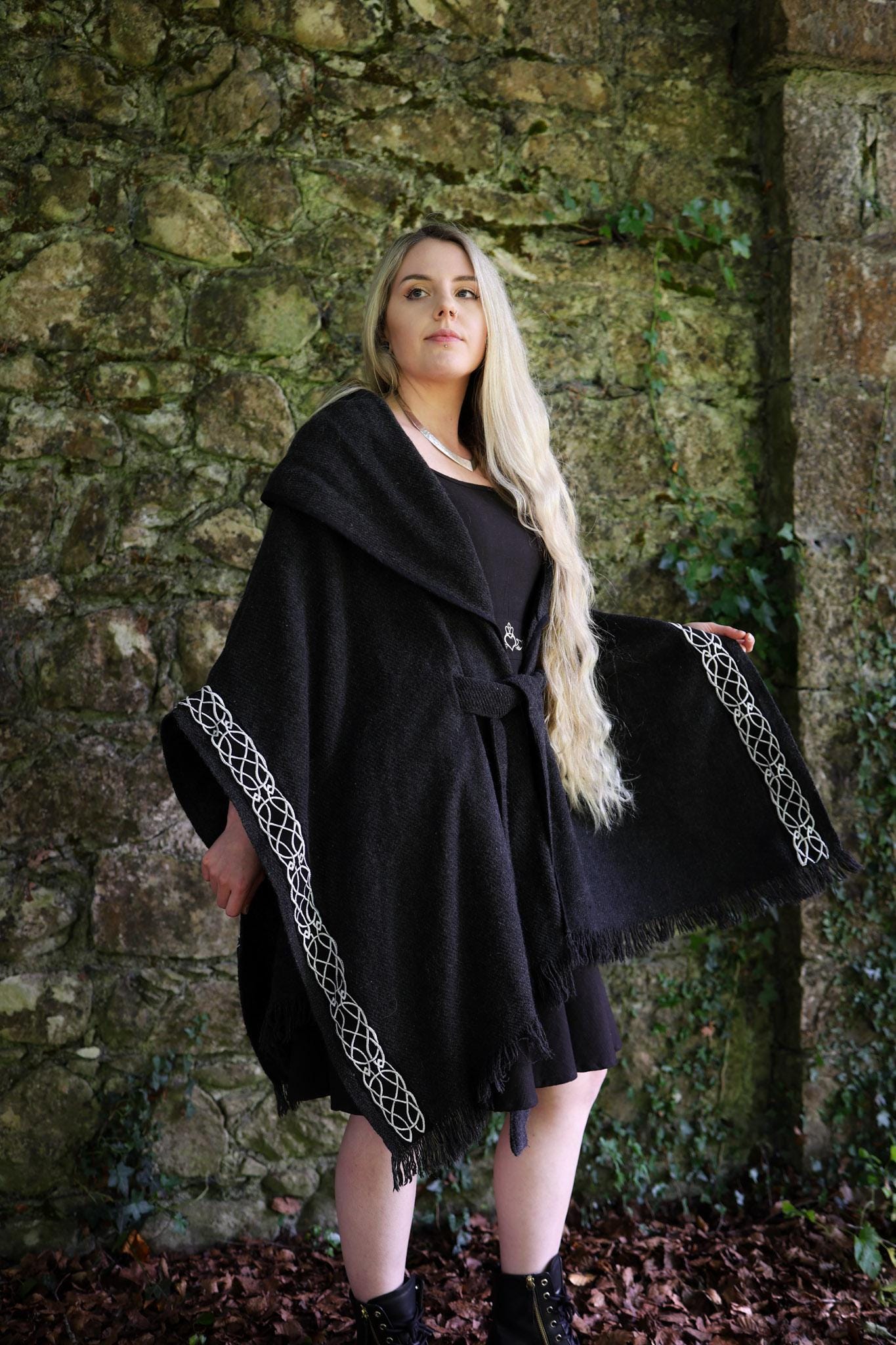 Celtic Druid Wool Cape | Black Samhain Folklore Wrap with