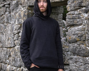 PULLOVER CON CAPPUCCIO THOR / Pull Over in morbido pile nero, Pullover da uomo, Felpa con cappuccio da uomo, Pullover scuro, Stili celtici vichinghi / Fusione celtica