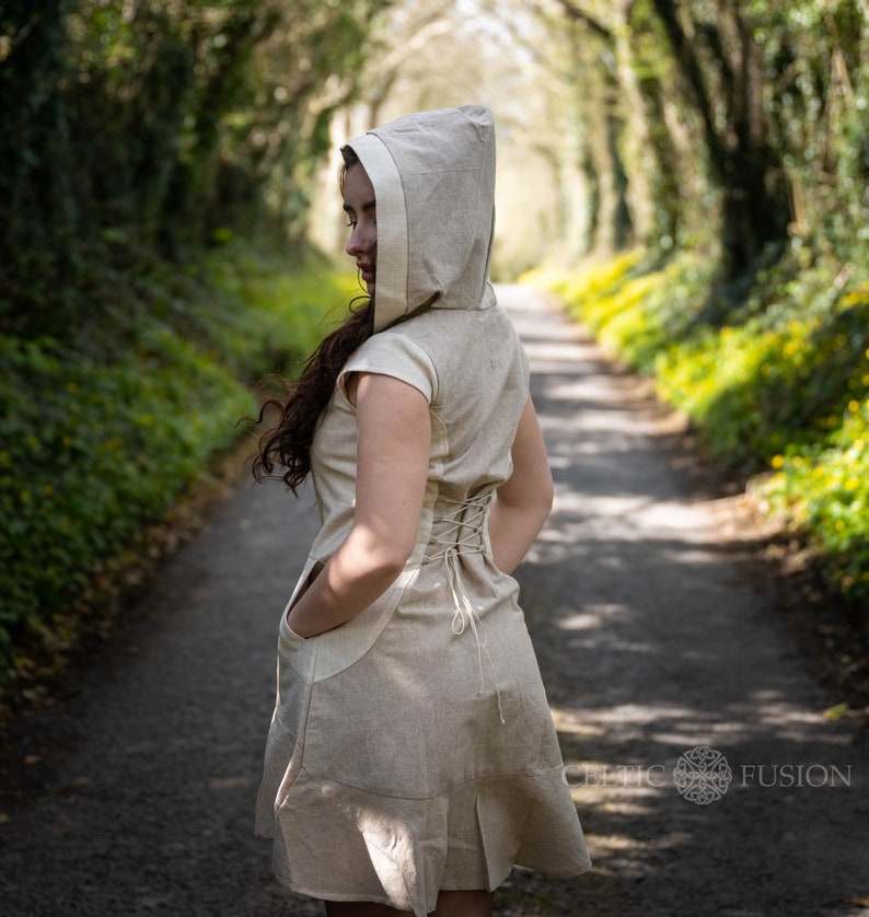 hooded dress, folk dress, cottage core, linen dress, summer dress, Irish designer dress, short linen dress