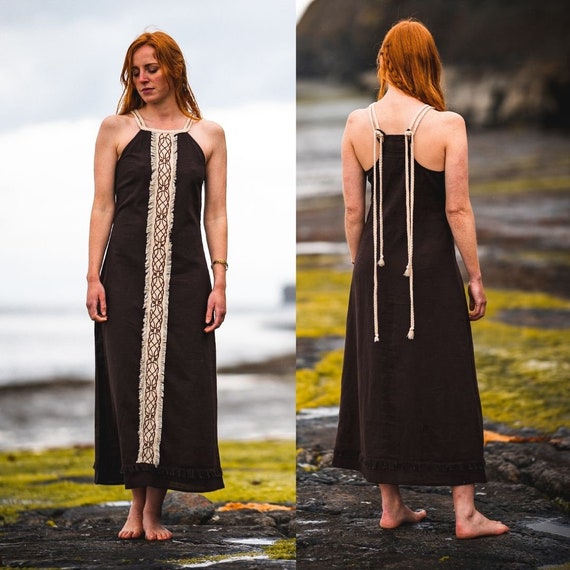 CELTIC SPIRIT DRESS Brown Long Sleeveless Knotwork Dress, Meditation Gown,  Celtic, Viking, Folk, Natural, Primitive, Natural Dress. 