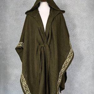 HOODED DRUID CLOAK |  Green Viking Cloak, Viking Cape, Poncho, Cotton Wrap Jacket, Pagan Cape, Viking Clothing, Celtic Embroidery