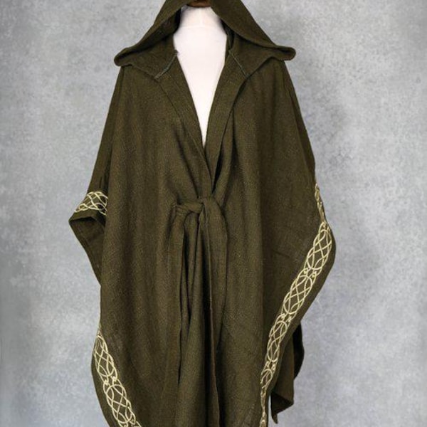 Hooded Druid Cloak: Green Handwoven Cotton Viking Cape with Celtic Embroidery