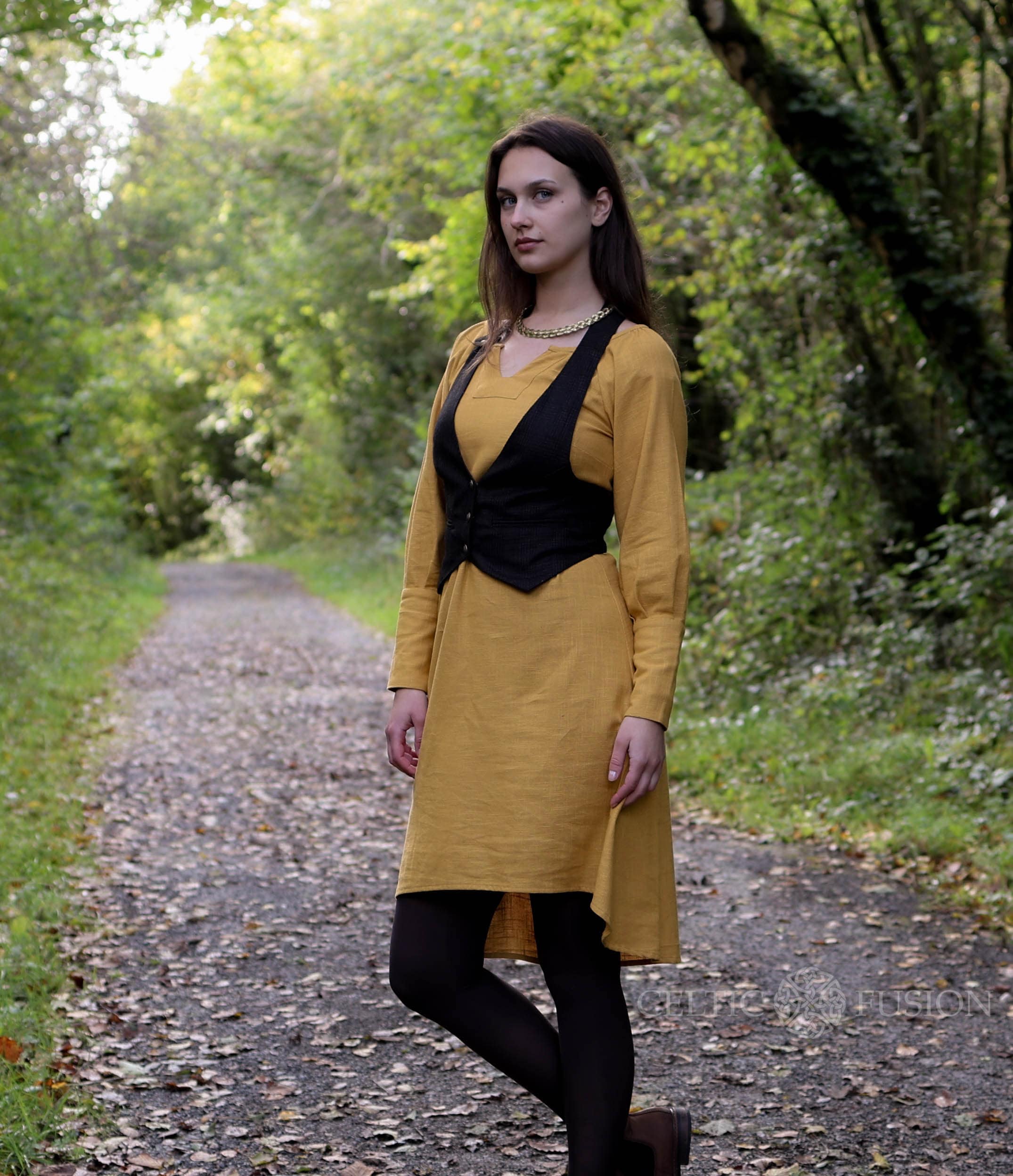 CELTICFUSIONDESIGN Mustard Tunic Dress Sleeved Mustard Dress Dailywear Dress Renaissance Dress Cottagecore Dress Midi Dress Mustard Dress Folk Dress