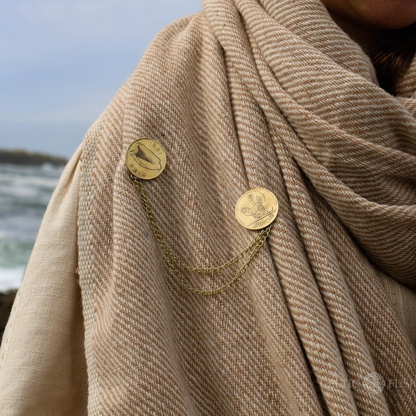 DOUBLE COIN BROOCH | Brass Celtic Brooch, Coin Pin, Irish Accessory, Celtic Collar Brooch, Victorian, Scarf Brooch, Viking, Pagan, Wiccan.