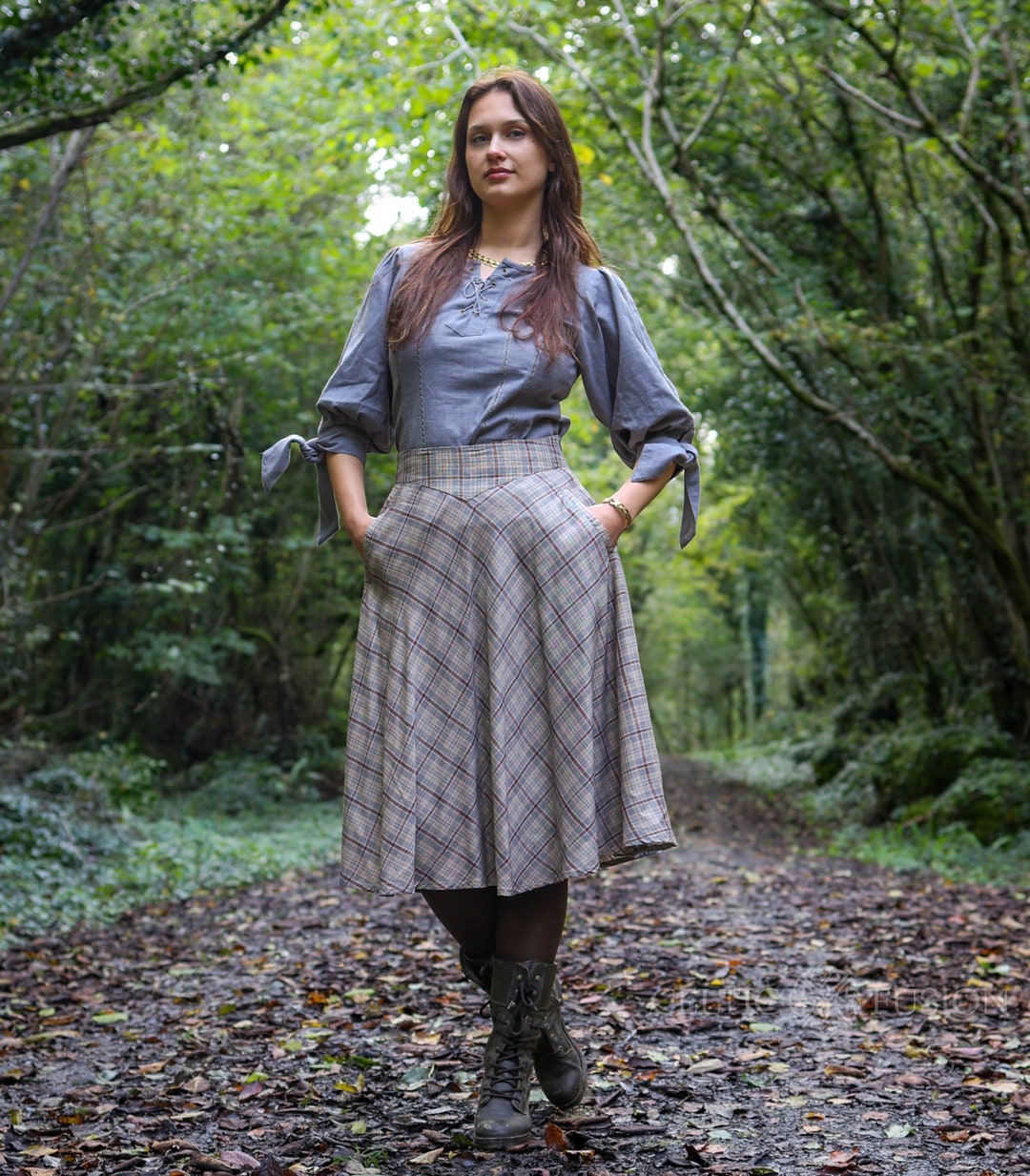 Grey Plaid Midi Skirt: High Waist Cotton Check Skirt With Pockets