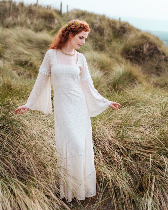 Trumpet Sleeve Embroidered Viking Wedding Dress in Ivory