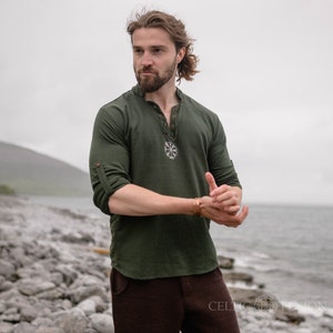 VEGVISIR SHIRT | Green and Brown, Casual Shirt, Viking Shield, Ozora, Vegvisir, Viking Man, Ragnar, Earthy, Celtic, Cotton Shirt