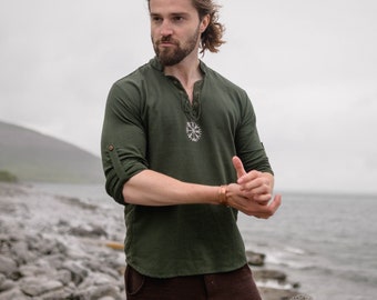 VEGVISIR SHIRT | Green and Brown, Casual Shirt, Viking Shield, Ozora, Vegvisir, Viking Man, Ragnar, Earthy, Celtic, Cotton Shirt