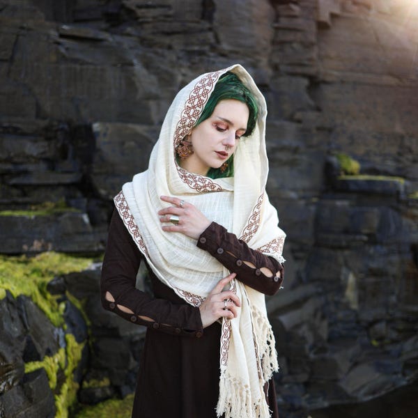 Celtic Knot Embroidered Cotton Shawl | Ivory Fringe