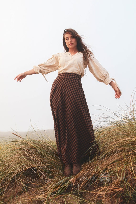 BASCOブラウン系チェック ロングスカート ポケット付きチェック柄コットンスカート：コテージコアブラウン