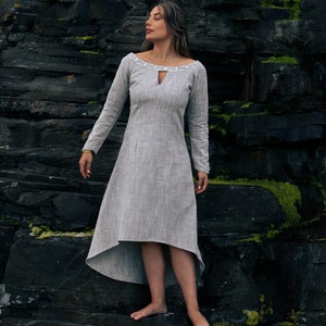 GREY MARIN DRESS | Celtic Folk Dress, Natural Long Green Viking Style Dress, Pagan Designs, Celtic Dresses, Cottage Core Dresses.