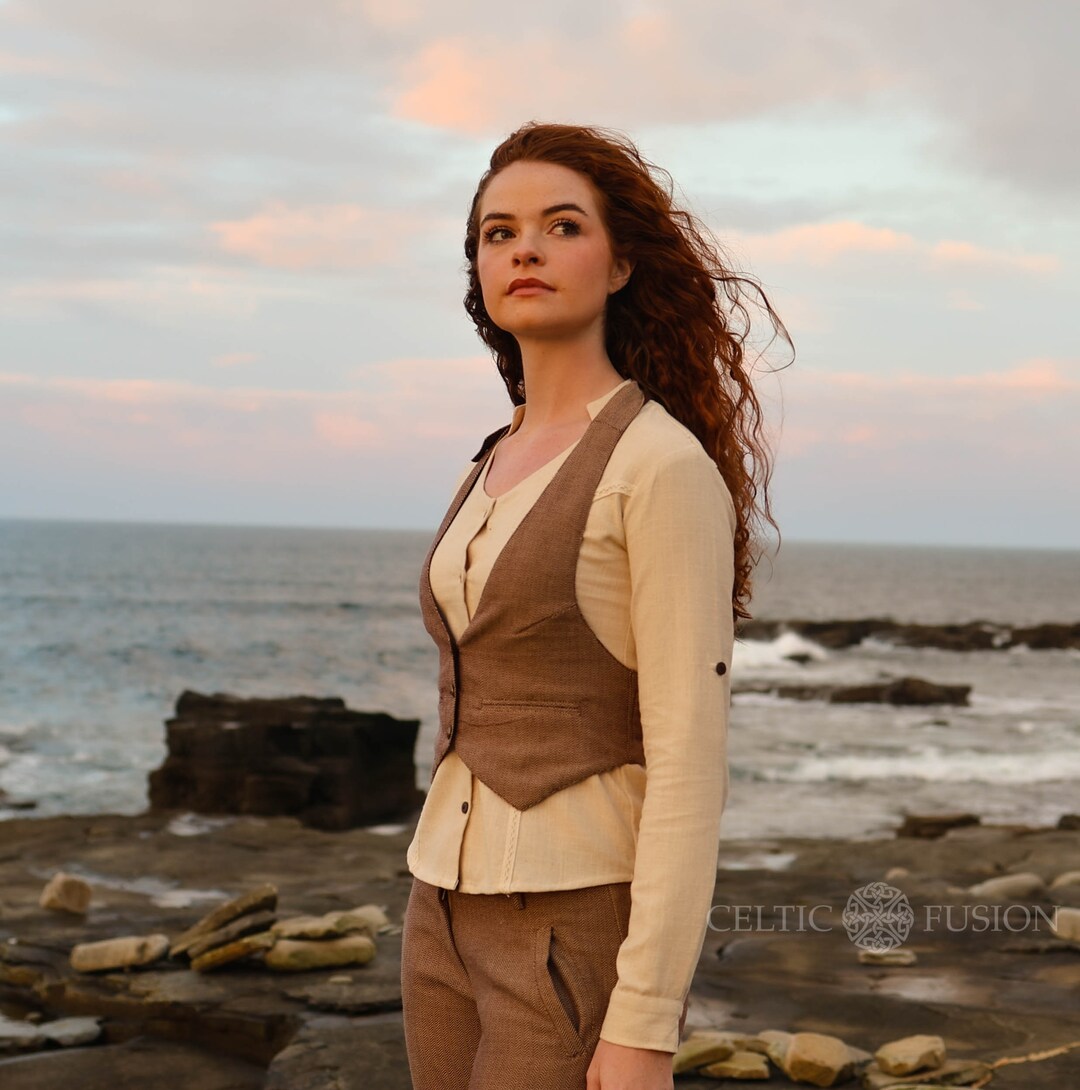 Herringbone Tweed Halter Vest: Brass Button Wool Waistcoat