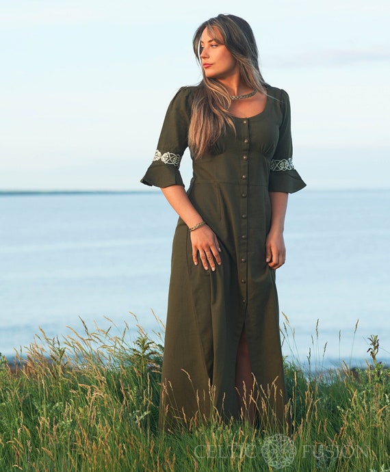 green celtic dress Celtic Green Quality Cotton Dress: Medieval Renaissance Elven Style