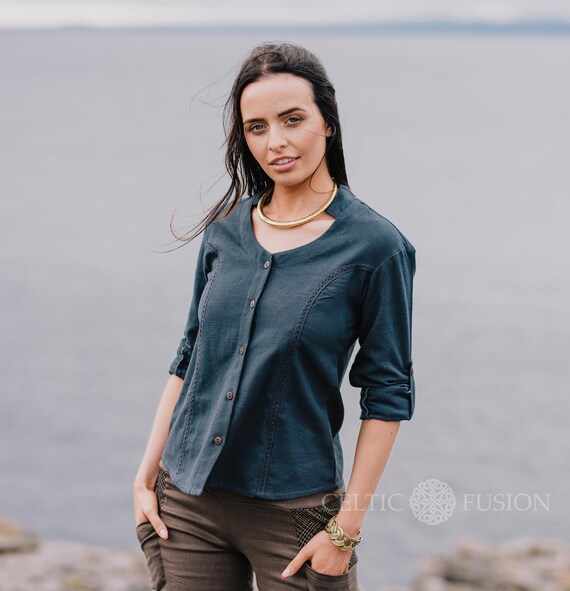 FLAX BLOUSE Classic Blouse, Wooden Button, Pin Sleeve, Classic Shirt,  Vintage Shirt, 100% Cotton, Natural, Indigo Blouse Celtic Fusion. 