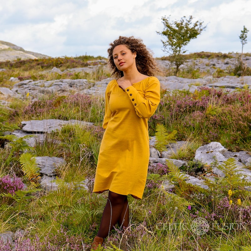 mustard long sleeve tunic dress with pocket . m main image 1