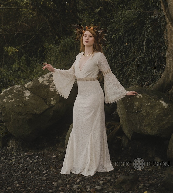 Trumpet Sleeve Embroidered Viking Wedding Dress in Ivory