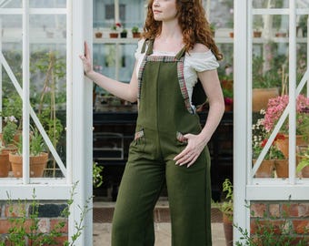Meadow Green Handwoven Cotton Dungarees: Folklore Style Overalls with Tweed Trim