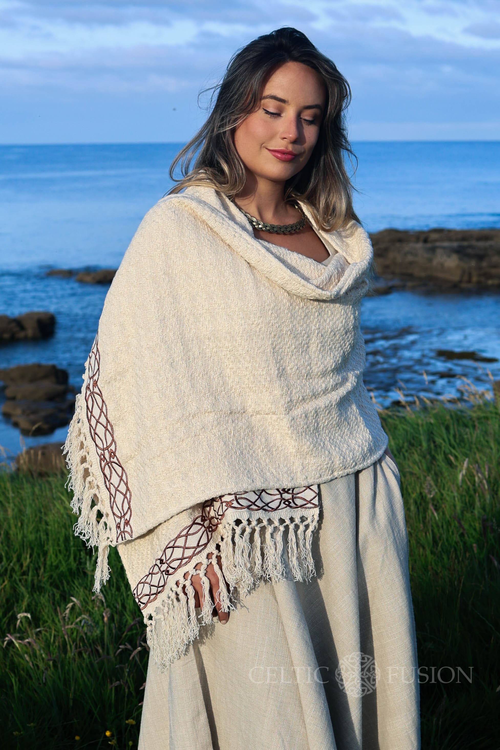 DANU HANDWOVEN SHAWL | Celtic Knot, Woven Cotton, Embroidered Shawl, Festival Shawl, Wedding Shawl, Celtic Shawl | Celtic Fusion