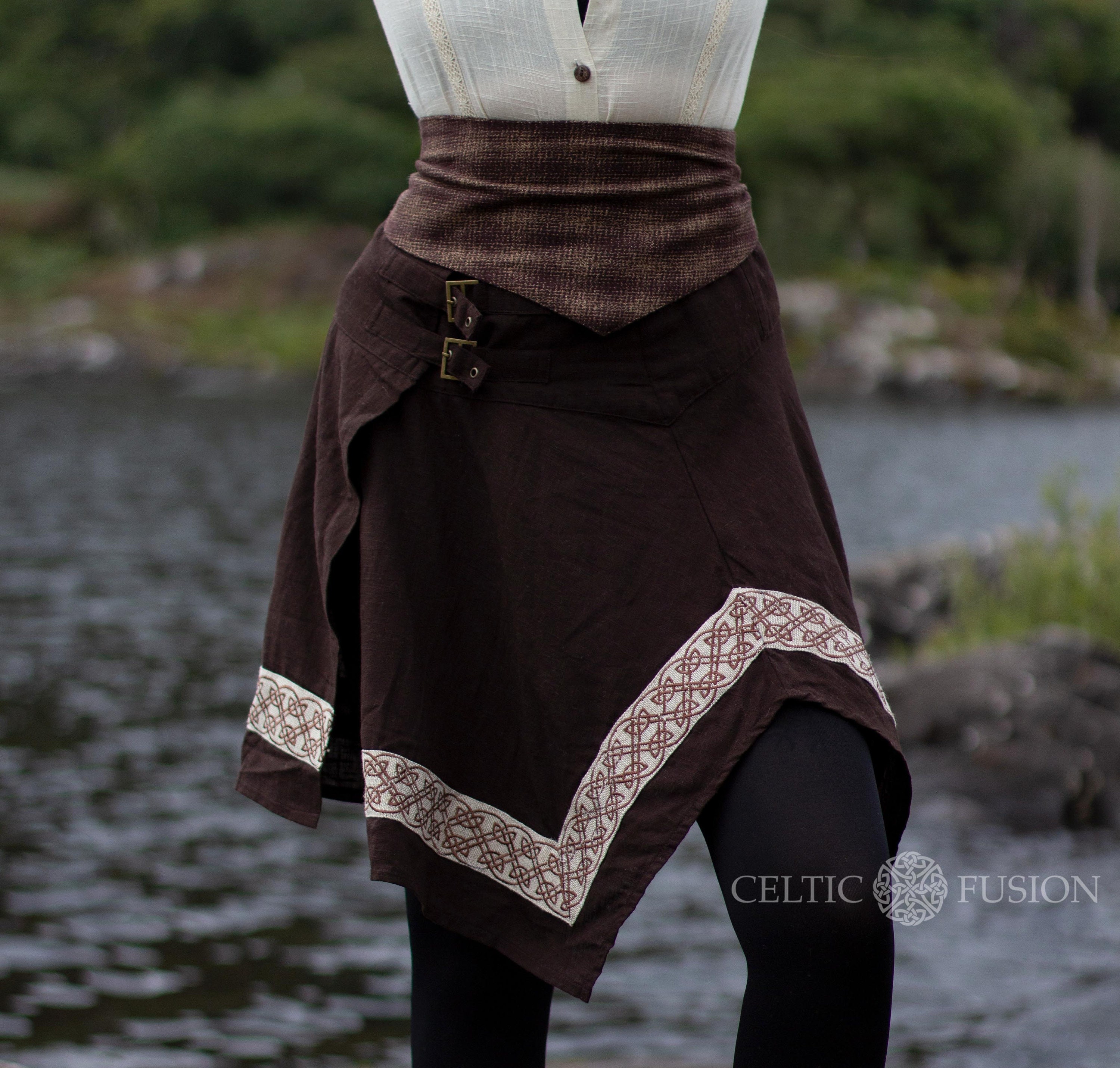 DANA SKIRT Brown Pointed Skirt, Celtic Embroidery, Pagan Goddess