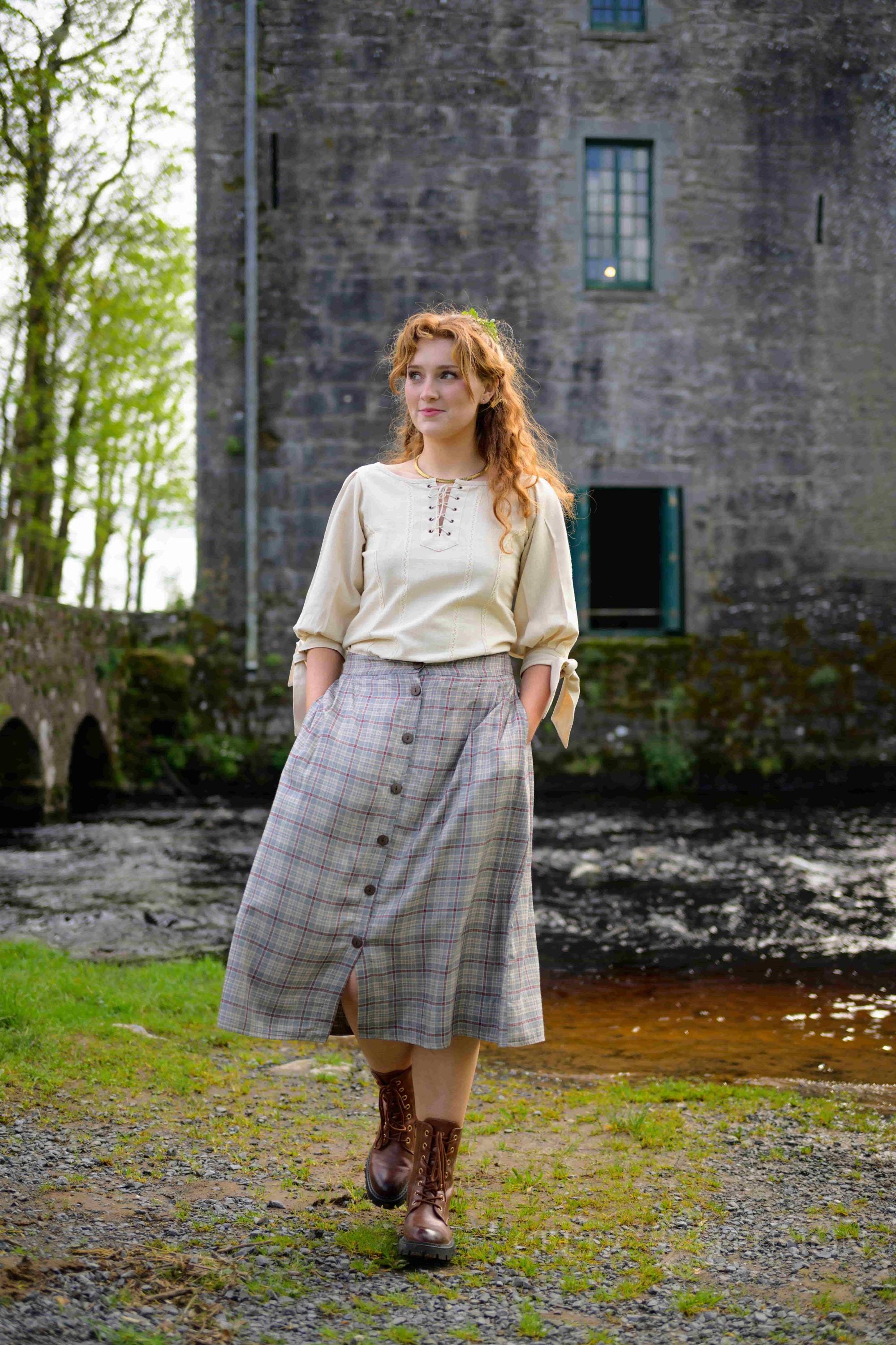 スカート MADISON CHECK SKIRT-PANTS Plaid Cotton Midi Skirt: High Waist Check Skirt With Pockets