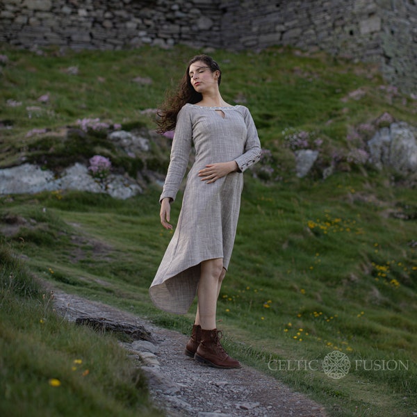 GREY MARIN DRESS | Celtic Folk Dress, Natural Long Green Viking Style Dress, Pagan Designs, Celtic Dresses, Cottage Core Dresses.