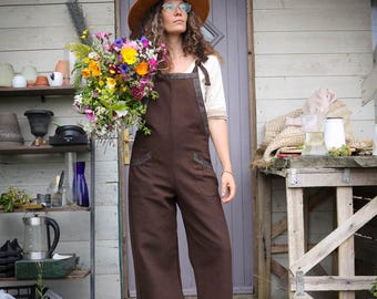 Earthy Brown Heavy Cotton Dungarees: Oak Tweed Trim, Relaxed Fit Overalls