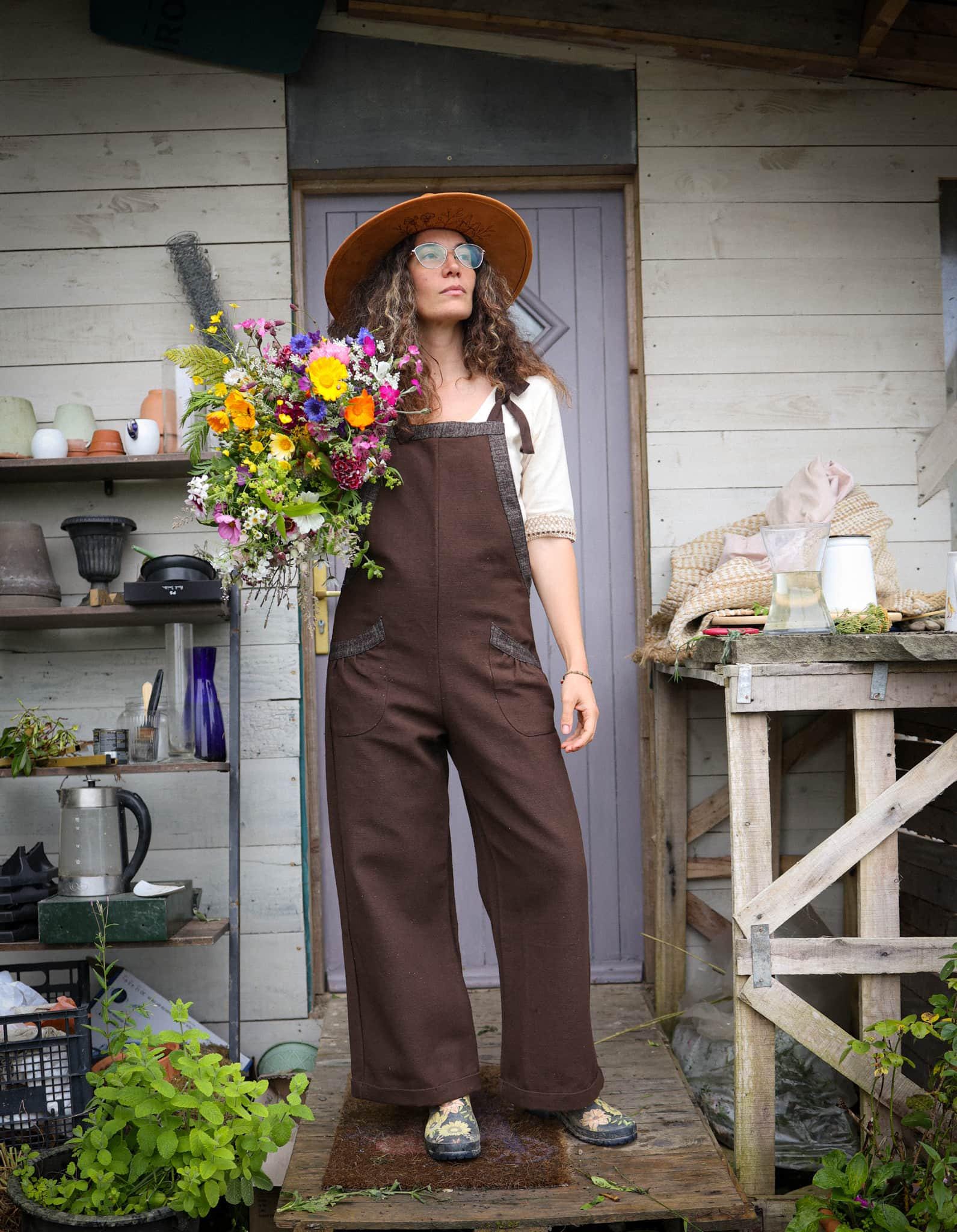 Earthy Brown Heavy Cotton Dungarees: Oak Tweed Trim, Relaxed Fit