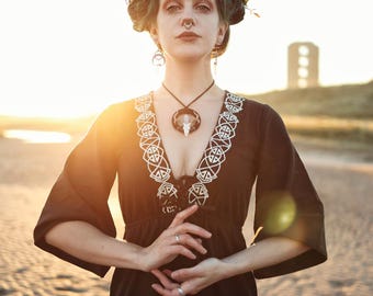 Embroidered Gothic Wicca Dress, Black Pagan Samhain Gown for LARP or Ritual