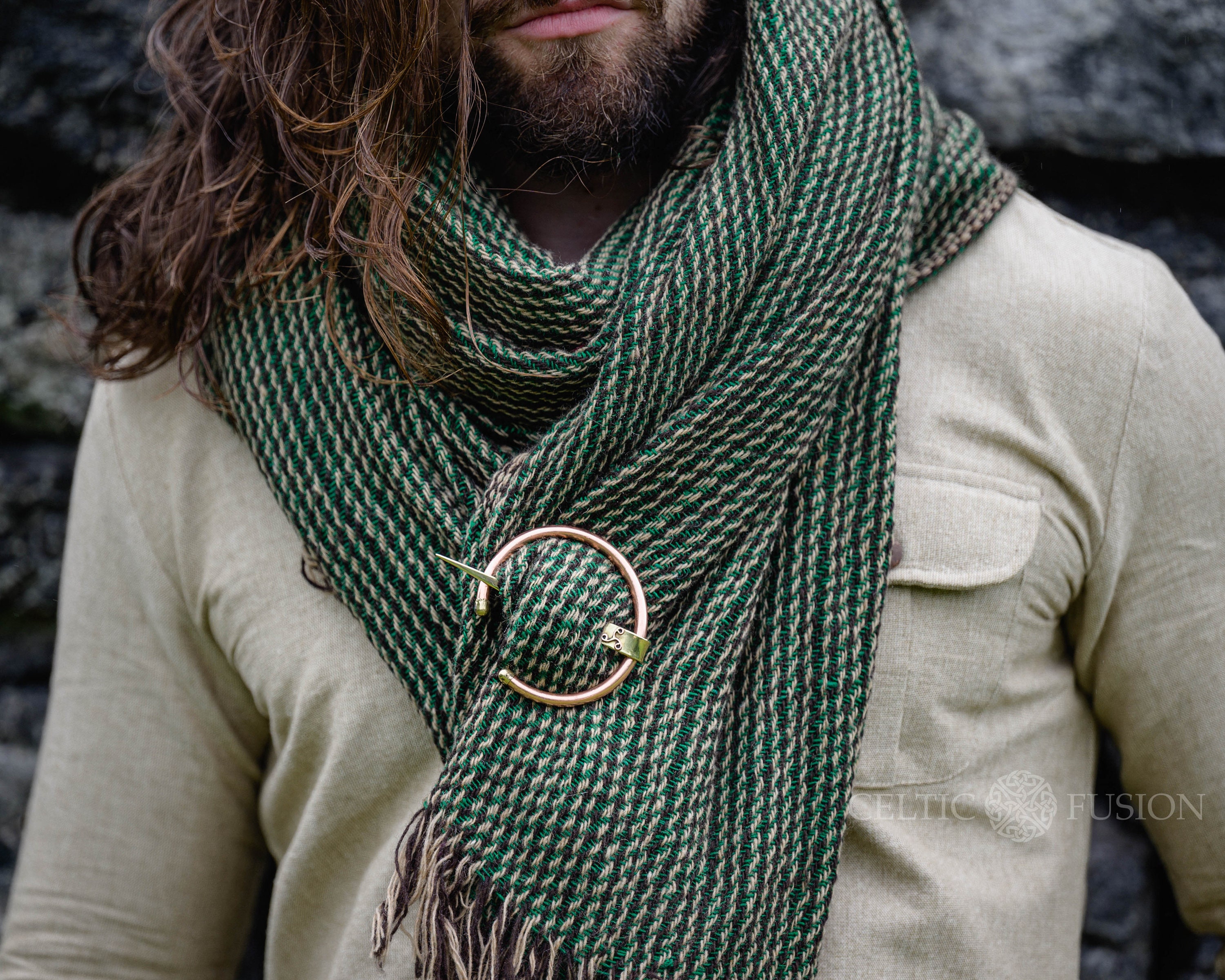 SUN DISC & SHAWL Handwoven Wool Shawl and Brass Brooch, Viking