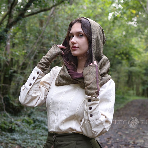 FERN GREEN HOOD | Fleece Lined Hood, Scarf, Green, Assassins Creed Hood, Hood with Pockets, Infinity Scarf, Burning Man, Infinity Scarf.