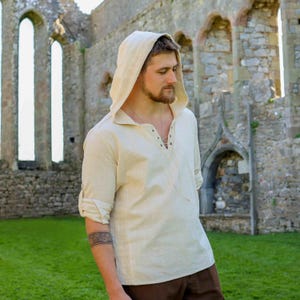 HOODED MALE SHIRT | White, Retro Medieval Pirate, Viking, Hooded Knight, Renaissance Pagan, Ragnar, Hoodie Shirt, Cotton | Celtic Fusion