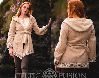 CARDIGAN EN LAINE CRÈME | Cape fabriquée à la main, châle bohème, cardigan en laine à capuche, style folklorique, cardigan hipster, vêtements vikings, broderie celtique.