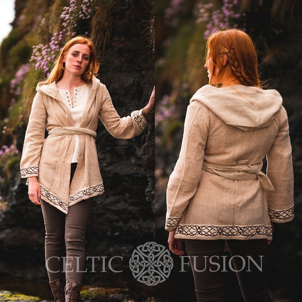 CREME WOLL-CARDIGAN |Handgefertigter Boho Strickmantel, Boho Wollmantel, Folklore Hipster Strickjacke, Wikinger Kleidung, keltische Stickerei.